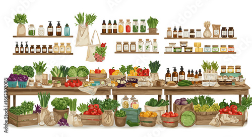 Abundant Fresh Organic Produce Market Stall Display with Shelves of Jars and Bottles