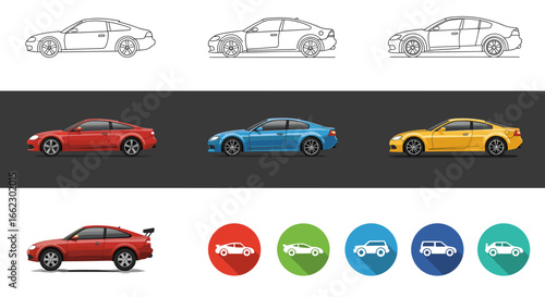 Set of stylized automotive illustrations showing car evolution from sketch to realistic rendering and icons