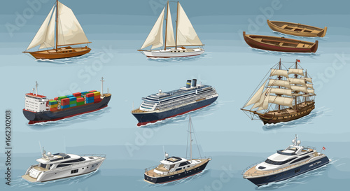 Collection of Diverse Boats and Ships Sailing on the Water Surface Isolated on Blue Background