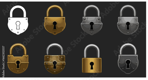 Collection of vintage and modern padlocks symbolizing security and protection isolated on dark background