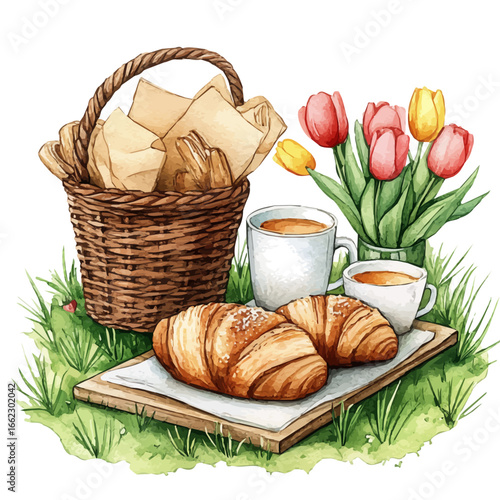 Spring Picnic, watercolor vector, isolated on a white background.
