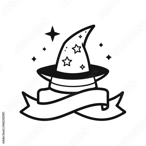 Whimsical witch hat with ribbon and stars line art for halloween celebrations