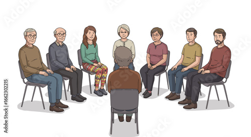 Group therapy session where people sit in a circle discussing problems seeking support and understanding isolated on white background