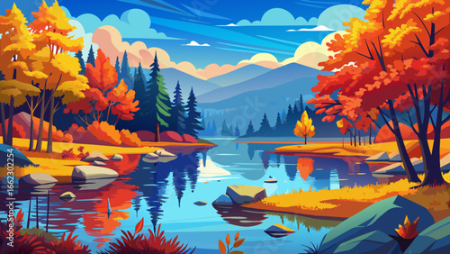 Vibrant autumn foliage reflecting in a deep blue lake