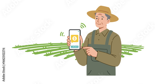 Elderly farmer uses smartphone with mobile application in modern smart agriculture field technology