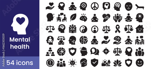 mental health and wellness icon set features mind, therapy, and psychology symbols for support and wellbeing, with 54 glyph illustrations for meditation and balance
