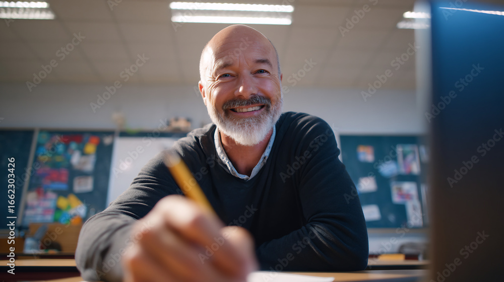 Obraz premium Smiling male teacher in online class, pointing at screen with pen