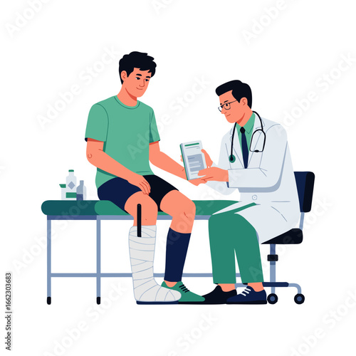 Sports injury illustration featuring athlete with broken leg cast discussing treatment and recovery process with medical doctor
