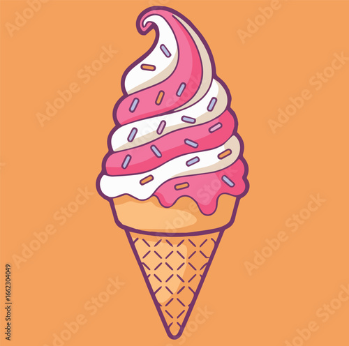 Vector delicious strawberry vanilla swirl ice cream cone vector illustration graphic for summer treat designs
