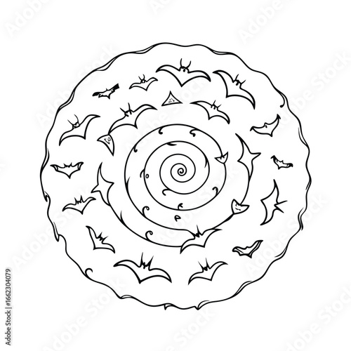 Line art doodle of a bat colony in a spiral formation on white