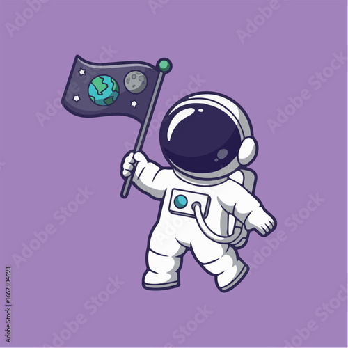 Vector astronaut cartoon vector illustration with flag of earth and moon exploration in space suit design