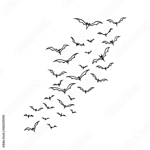 Line art illustration of a swarm of bats flying upwards on a white background