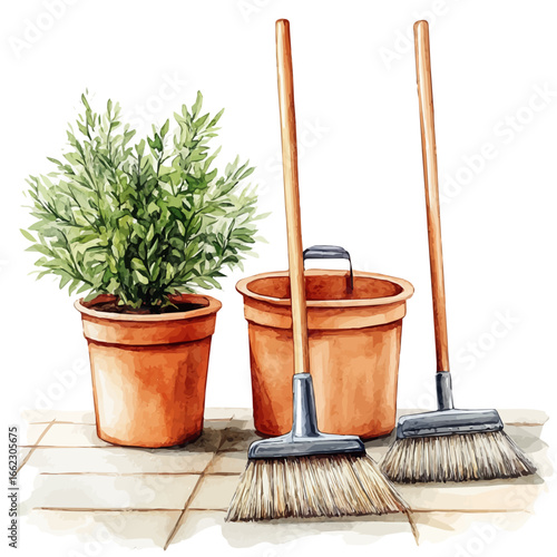 Spring Cleaning Flat Illustration, watercolor illustration vector, isolated on a white background.