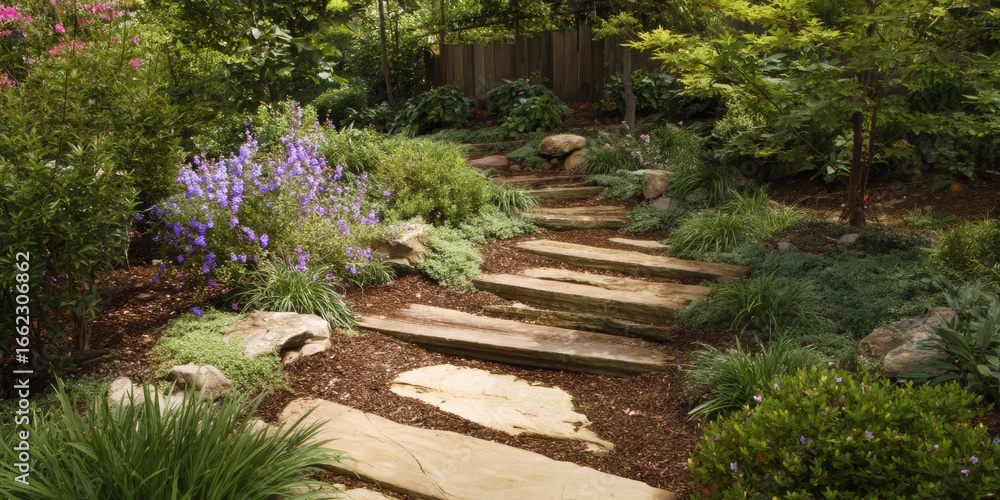 Obraz premium Serene garden pathway with stepping stones and lush greenery.