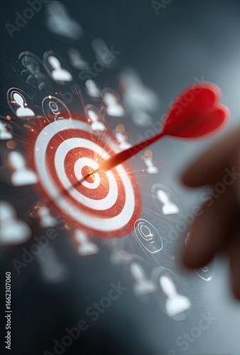 Red dart hitting target center;  target surrounded by digital profiles;  marketing concept