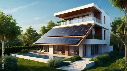 Wallpaper Mural Modern eco-friendly home with solar panels and rooftop garden Torontodigital.ca