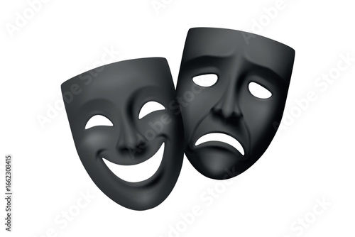 Vector 3d Black Theater Masks for Comedy and Tragedy in Classic Greek and Roman Style. Theater Masks for Drama and Theater Shows. Theater Masks Symbol of Culture, Festival, Performing Arts
