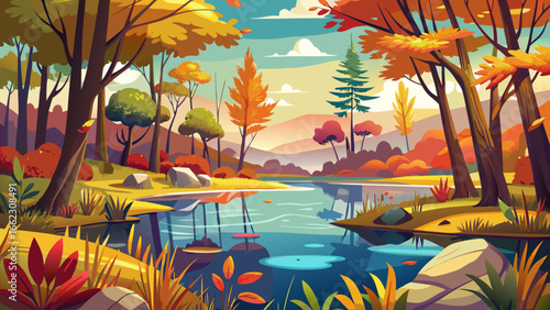 Serene autumn bog with vibrant foliage and still waters