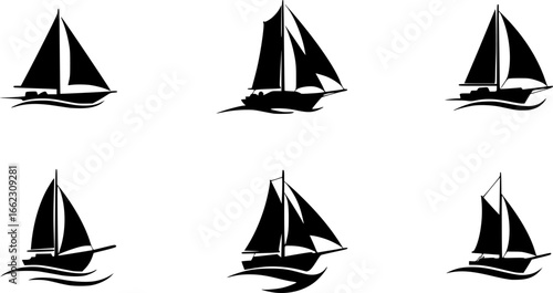 Sail boat logo silhouette vector design, sail boat logo icon silhouette, sailboat sailing ship logo vector illustration, sailboat and sailing ship vector silhouette logo design on white background	