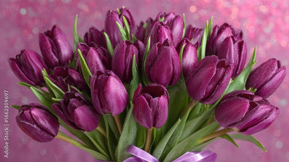 Obraz premium Vibrant bouquet of purple tulips with dew drops, elegantly arranged with lush green leaves, set against a sparkling pink background, symbolizing beauty and freshness