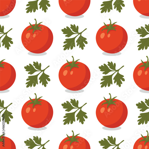 Vector Seamless Pattern with Tomatoes and Parsley. Fresh Vegetable Food Background for Culinary Design. Natural Cooking Ingredients, Organic Kitchen Decor, Italian Cuisine Illustration