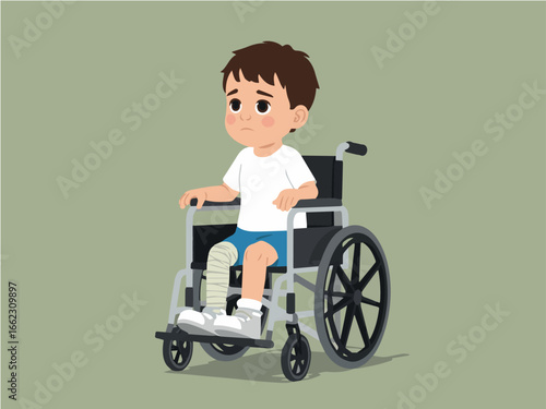Vector illustration of sad boy with broken leg in wheelchair for medical care and recovery concept design vector