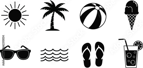 Leisure summer beavh vacation editable icon vector illustration. Sunshine, coconut palmtree, beach ball, cone ice cream, sunglasses, wave current lines, flipflop beach wear, glass of cocktail clipart 