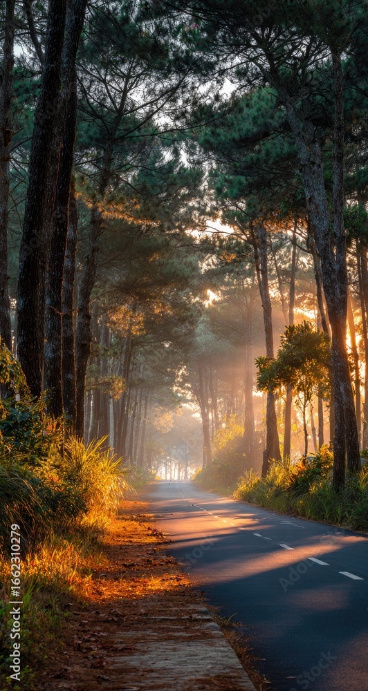 Obraz premium Sunrise path through a pine forest
