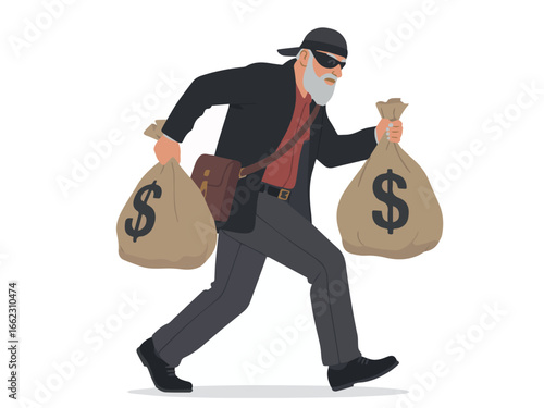 Vector illustration of a thief criminal stealing money bags with dollar sign financial crime and fraud concept