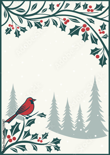 Winter Cardinal among Pine Trees