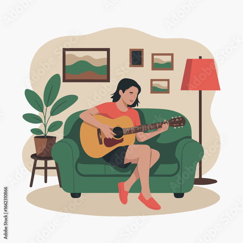 Vector illustration of woman playing acoustic guitar on green couch in living room with lamp and pictures art 100