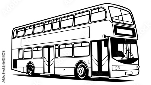 A black and white silhouette of a double-decker city bus in profile view, centered on a white background, with windows and roofline clearly defined.
