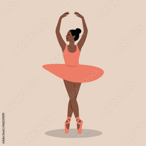 Vector elegant ballerina dancer in coral tutu performing ballet dance art illustration vector design drawing style