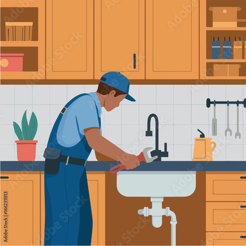 Vector plumbing service technician fixing a kitchen sink faucet repair and maintenance professional handyman expert
