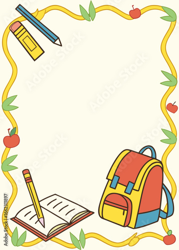 Colorful School Border with Backpack and Supplies