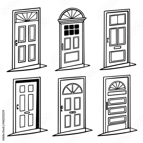 "Nine minimalist hand-drawn door illustrations, each with a unique style. Arranged in an orderly grid on a plain white canvas. Simple black lines, no color, no shading, direct frontal perspective."