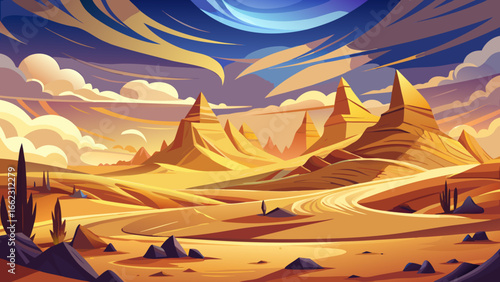 Ethereal desert landscape with golden dunes and dynamic skies