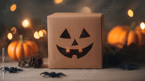 Halloween gift box with carved pumpkin face jack o lantern on the scary witch's night