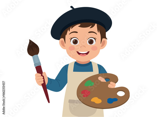 Vector illustration of a young artist painting with brush and palette in art studio for creative projects
