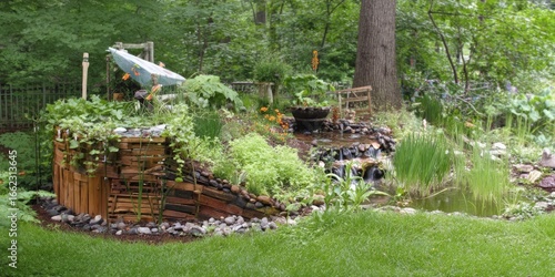 Wallpaper Mural Green grass and vibrant flowers grow around an abandoned stone building under a clear sky Torontodigital.ca