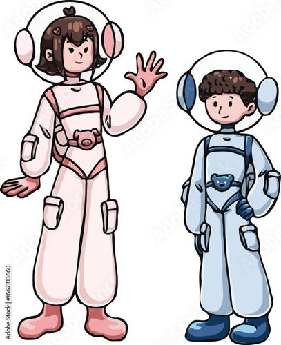 two cartoon astronauts in space suits, one taller and one shorter