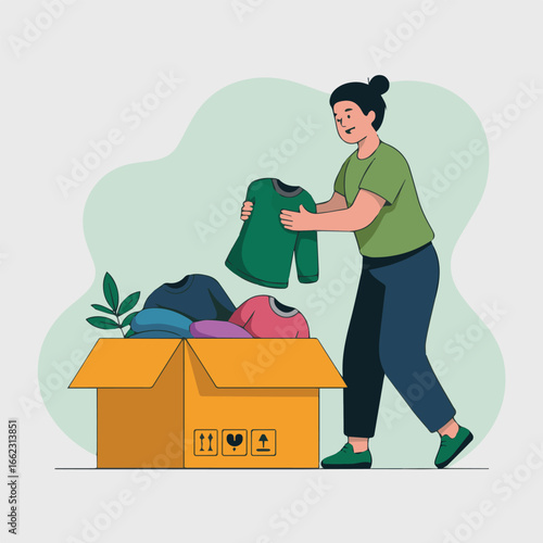 Vector woman donating clothes for charity or decluttering wardrobe and packing apparel in cardboard box for reuse