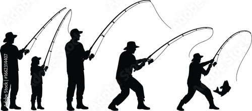Silhouette of fishermen fishing with rods, father and son outdoor activity, catching fish, angler sport lifestyle, vector illustration of fishing hobby.