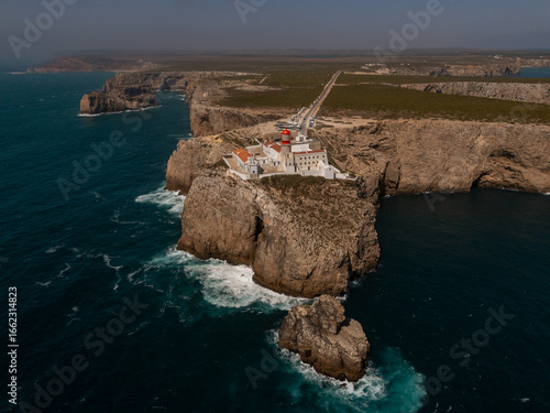 Aerial view of Cape St. Vincent lighthouse and coastal cliffs, Sagres, Algarve, Portugal