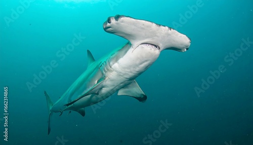 A powerful scalloped hammerhead shark glides through the sunlit open ocean