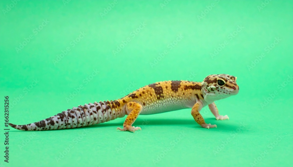 Naklejka premium Colorful leopard gecko on a vibrant green background, showcasing its natural beauty