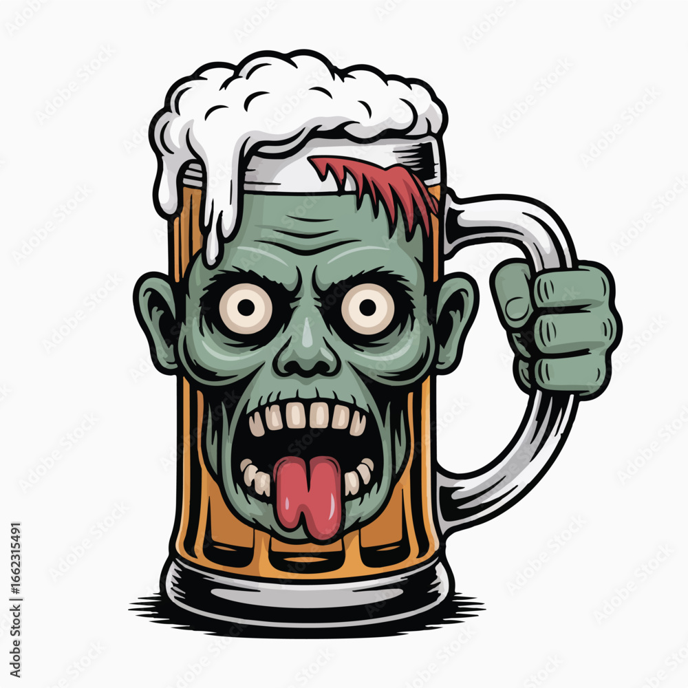 Fototapeta premium Zombie holding a beer mug ready to party, a fun and spooky illustration for Halloween or themed events, perfect for promotional material