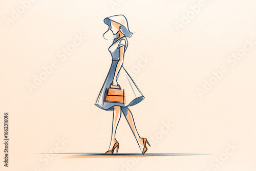 Confident fashion sketch of woman in heels and handbag