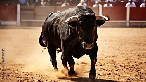 A powerful and aggressive black fighting bull with large horns charges through a dusty arena.