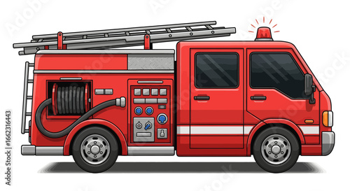 Emergency Response, Fire Truck, Urban Environment, Illustration, Bright Colors, Side View, Fire Safety Concept